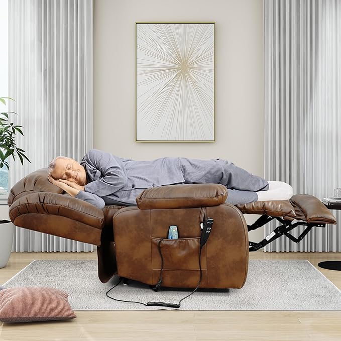 EDILLY Extra Large Power Lift Recliner Chairs for Elderly,Infinite Position Lay Flat Dual Motor Recliners Chair,with Heating and Massage, Breathable Leather,USB Ports and Remote Control(Orche)