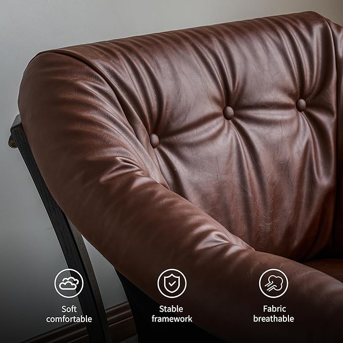 Mid-Century Modern Leather Lounge Chair, Solid Wood Frame, Comfortable upholstered Sofa Armchair
