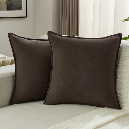 FUTEI Dark Coffee Chenille Throw Pillow Covers 18x18 Inch Set of 2,Edges Double-Stitched Cushion Cases,Modern Home Decor for Couch Living Room