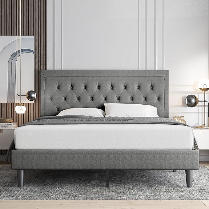 Allewie King Size Upholstered Platform Bed Frame with Adjustable Headboard, Button Tufted, Wood Slat Support, Easy Assembly, Light Gray