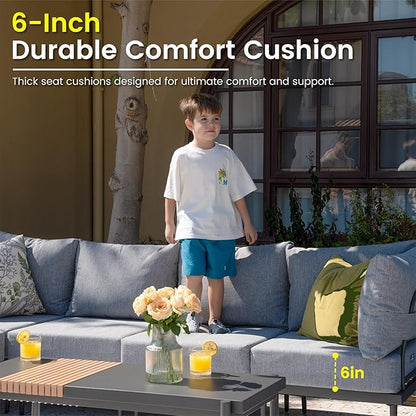 Sundale Outdoor 7 Pieces Metal Patio Furniture Set, Outdoor Sectional Sofa with 6 Inch Olefin Cushion, Modern Outdoor Conversation Sets (6 Seats, Grey Frame)