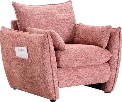 Chenille Oversized Accent Chairs, Modern Oversized Armchair with Removable Pillow, Comfy Living Room Chair with Side Pocket Storage for Bedroom, Office, Pink