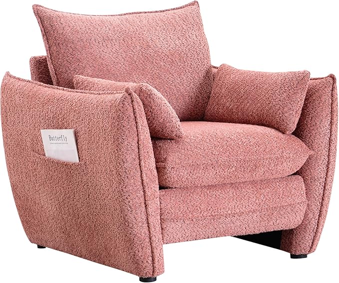 Chenille Oversized Accent Chairs Set of 2, Modern Oversized Armchair with Removable Pillow, Comfy Living Room Chair with Side Pocket Storage for Bedroom, Office, Pink