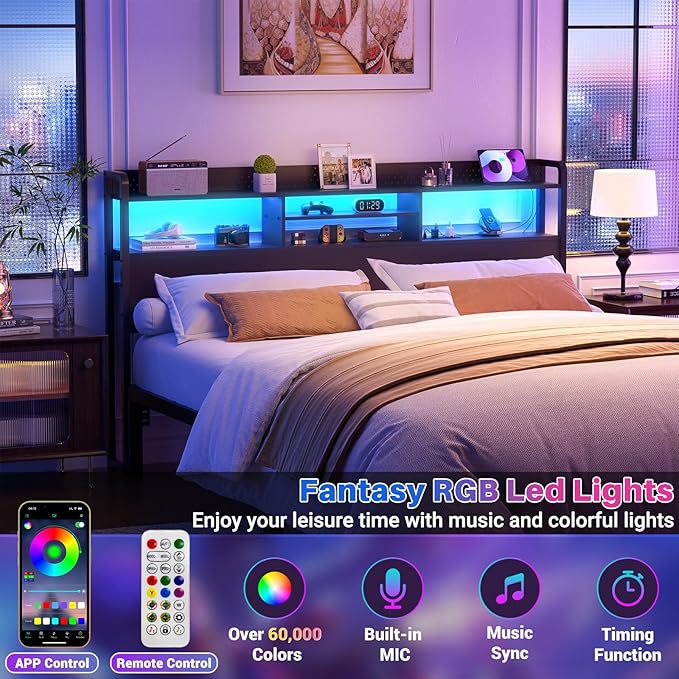 Unikito Headboard for King Size Bed with Storage Shelf, Head Board with 3 Outlets and 2 USB Ports, Headboards with RGB LED Light, Height Adjustable, Sturdy and Stable, Easy Assembly, Black
