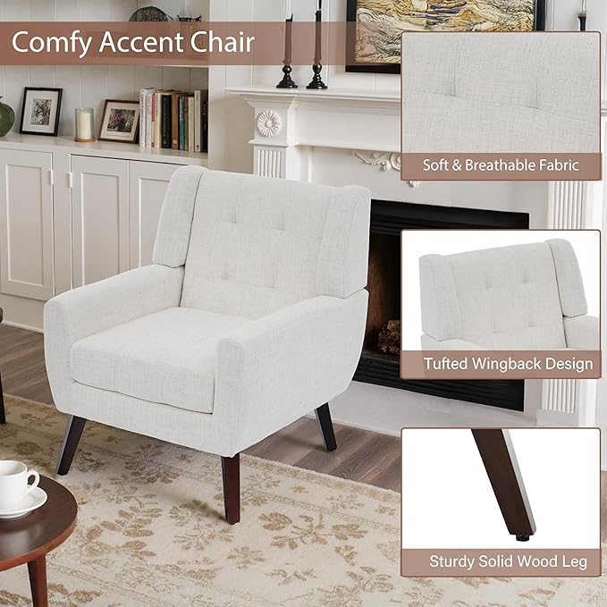 Accent Chairs Set of 4, Mid-Century Modern Upholstered Armchair, Comfy Fabric Living Room Chairs Reading Chairs with Button Tufted Back & Solid Wood Legs for Bedroom, Office, Beige