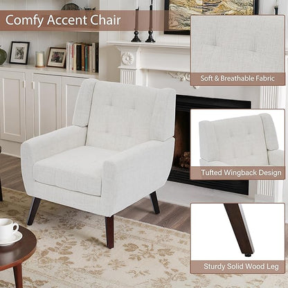 Accent Chairs Set of 4, Mid-Century Modern Upholstered Armchair, Comfy Fabric Living Room Chairs Reading Chairs with Button Tufted Back & Solid Wood Legs for Bedroom, Office, Beige