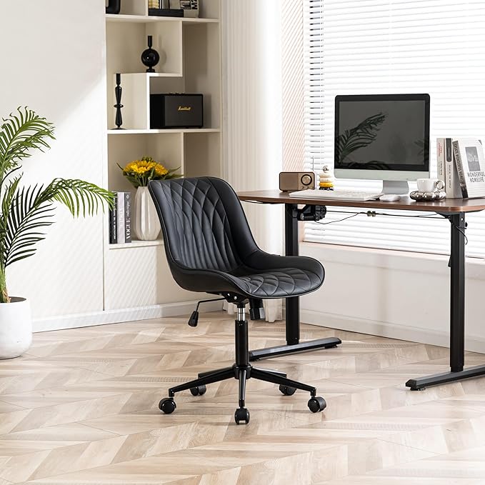 YOUNIKE Black Home Office Desk Chair Armless Comfy Small Ergonomic Rolling Vanity Chair with Wheels Wide Swivel Adjustable Modern Task Chair Back Cute Leather Upholstered Sewing Drafting Chair No Arms