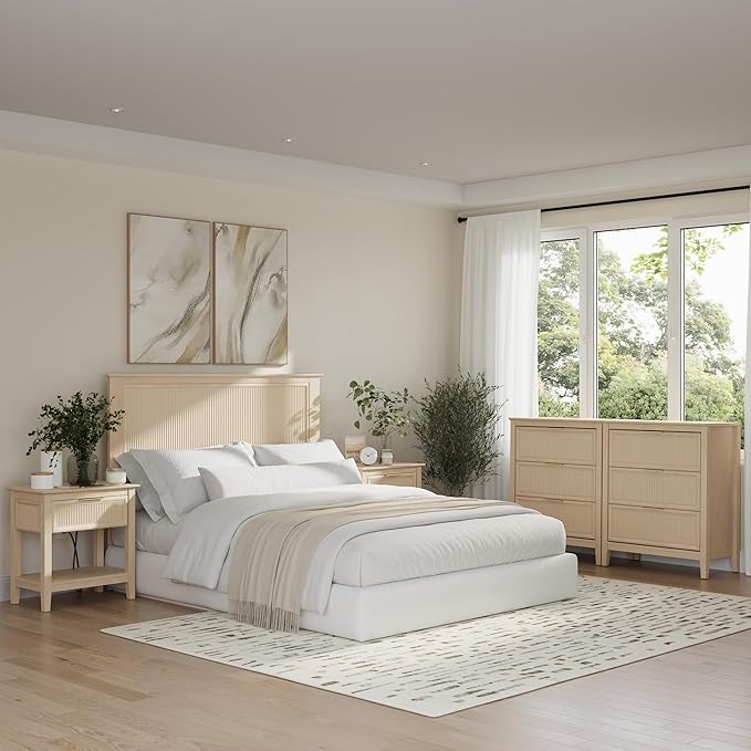 Bush Home 65-inch Full/Queen Headboard with 2 Nightstands, Bedroom Furniture, Camille Collection, Natural Birch