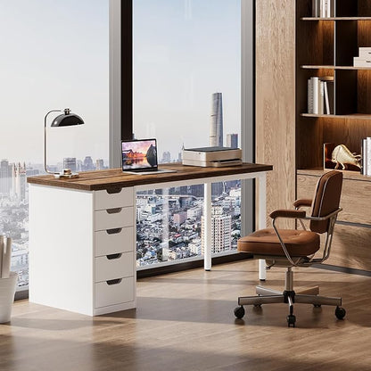 Tribesigns Modern Simple Computer Desk, 47 Inches PC Desk with 5 Reversible Drawers, Rustic Brown Study Writing Table Workstation for Home Office Small Spaces (Brown+White)