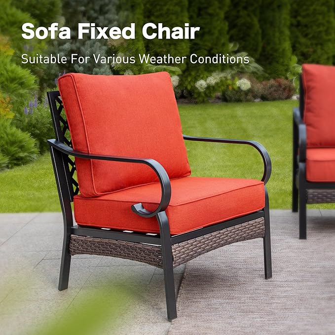 6 Piece Metal Outdoor Patio Furniture Sets, Patio Conversation Sets with 3-Seater Sofa, 4 Single Sofa (5.75" Thick Cushion) & Coffee Table, Black Frame Backyard Furniture, Rust Red