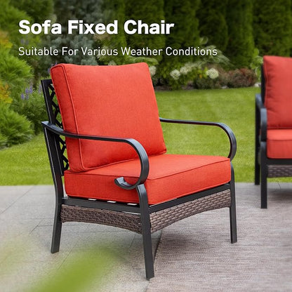 5 Piece Metal Outdoor Patio Furniture Set, Patio Conversation Sets with 3-Seater Sofa, Loveseat, 2 Fixed Sofa (5.75" Thick Cushion) & Coffee Table Black Backyard Furniture, Rust Red