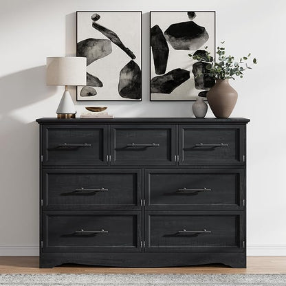 Black Farmhouse Dresser for Bedroom, Modern 7 Chest of Drawers, 47" Wide Chest of Drawers w/Brushed Metal Handle, Wood Dresser TV Stand and Storage Cabinet for Bedroom, Living Room, Hallway