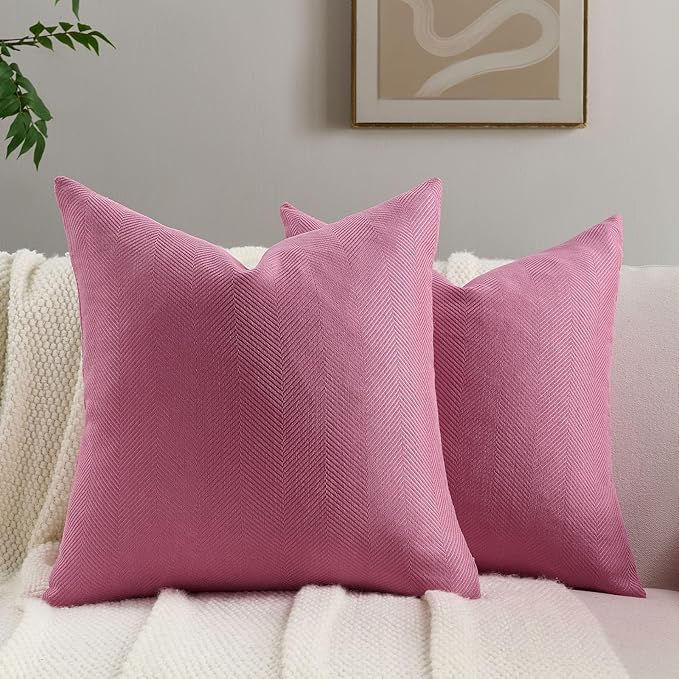 FUTEI Hot Pink Chenille Throw Pillow Covers 22x22 Inch Set of 2,Soft Wide Chevron Textured Cushion Case,Farmhouse Home Decor for Couch Bed Living Room