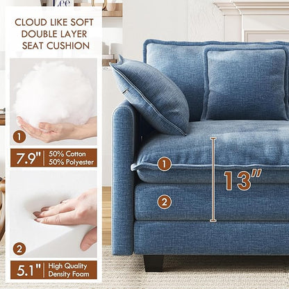 WorthFurni 111.4” Cloud Couch, Modular Sectional Sofa with Ottoman, Comfy Modern 3-Seater Couches with Pillows & Upholstered Deep Seat Cushion for Apartment Living Room Bedroom (Blue)