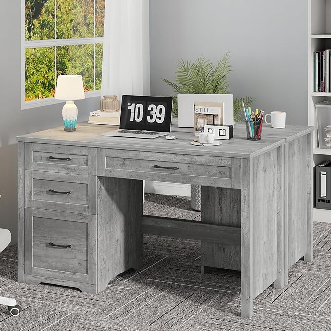 Vabches Farmhouse 47" Executive Desk with File Drawer, Wood Computer Desk with 3 Storage Drawers, Workstation for Home Office, Study, Writing(Grey)