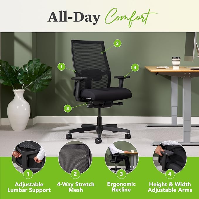 HON Ignition 2.0 Mid Back Task Chair, Spectrum Mesh, Advanced Synchro-Tilt Control, Office Chair with Lumbar Support, Height and Width Adjustable Arms, Black Frame, Cobalt