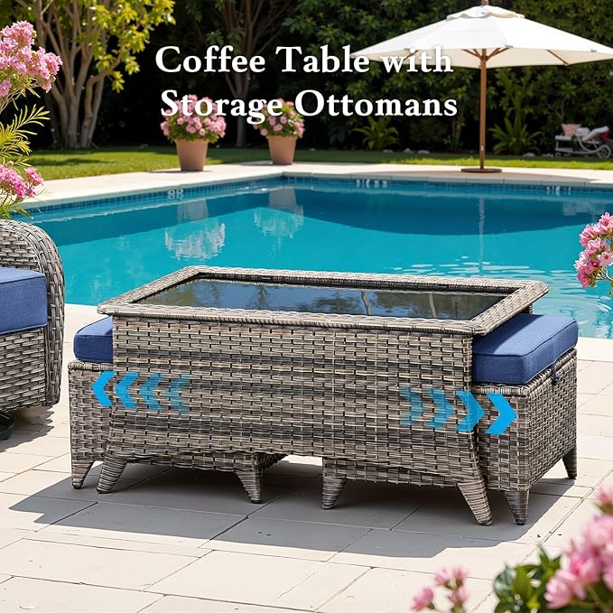 Belord Luxury 6" Thick Cushioned 8 Pieces Patio Furniture Set with Outdoor Couch, Wicker Outdoor Conversation Set with High Back Swivel Rocker Chairs for Deck Porch Yard and Poolside - Grey+Blue