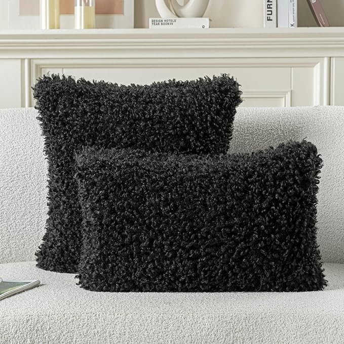 FUTEI Black Decorative Throw Pillow Covers 26x26 Inch Set of 2,Soft Fluffy Faux Wool Fur Boucle Textured Euro Pillow Shams,Modern Home Decor for Couch Bed Living Room Office