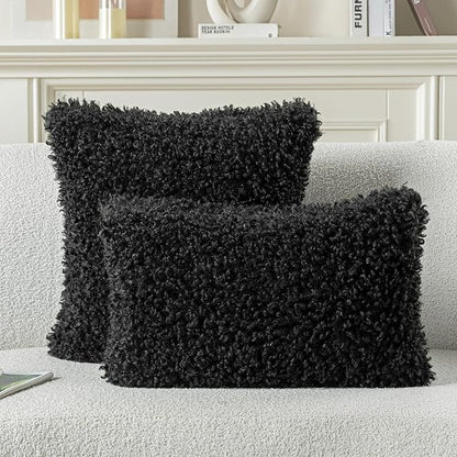 FUTEI Black Decorative Throw Pillow Covers 20x20 Inch Set of 2,Soft Fluffy Faux Wool Fur Boucle Textured Cushion Case,Modern Home Decor for Couch Bed Living Room Office