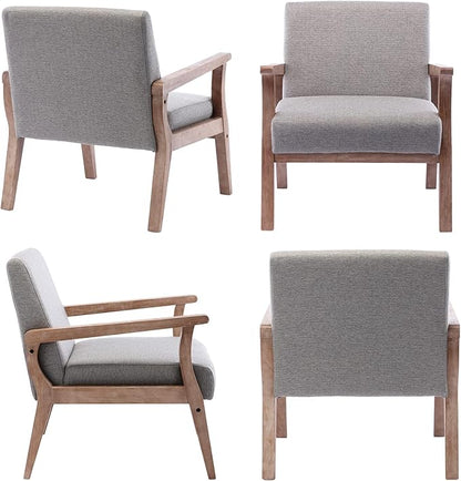 HNY Mid Century Armchair with Hardwood Frames, Linen Upholstered Living Room Chair, for Living Room Bedroom, Light Grey