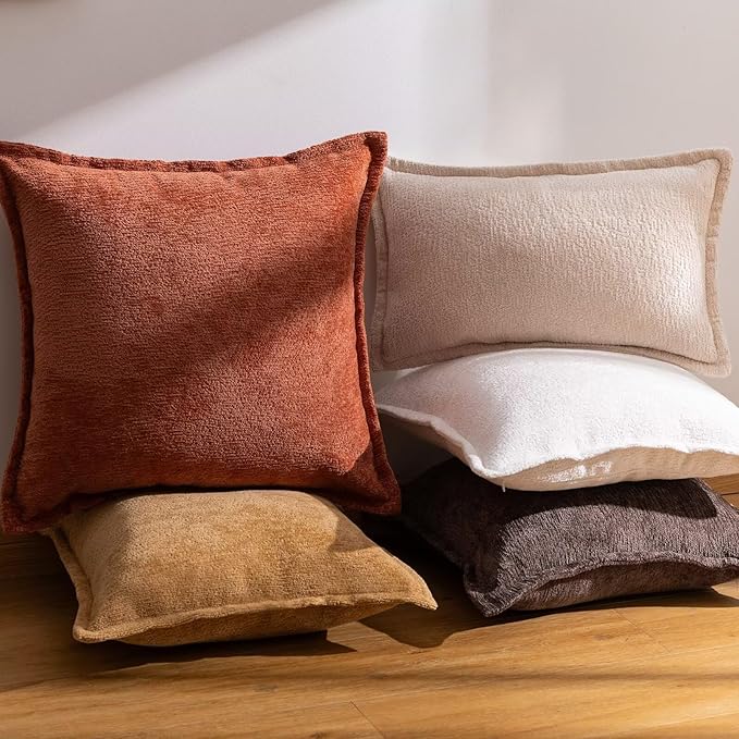 Burnt Orange Fall Decorative Throw Pillow Covers 22x22 Inch Set of 2 Cozy Soild Chenille Cushion Cases Soft Textured Square Couch Pillows Cover Boho Accent Farmhouse Pillowcases for Bed