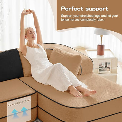 Cloud Sectional Sofa Modern Boneless Couch for Living Room, Comfy Deep Seat Comfy Teddy Fabric Double Sofa Chaise No Assembly Required (Camel, 77.2" Double Chaise Lounge)