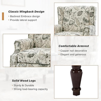 Floral Wingback Accent Chairs Set of 2, High Back Upholstered Armchair, Comfy Fabric Wingback Arms Chairs with Retro Solid Wood Legs, Single Sofa Reading Chair for Bedroom Living Room, Plants Beige