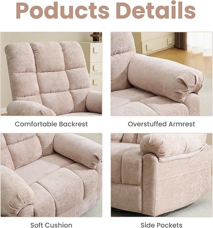 Oversized Swivel Rocker Recliner with Massage and Heat, 26" Extra Wide Manual Recliner for Adults & Big Man, Overstuffed Rocking Chair with High Back for Living Room, Beige Chenille
