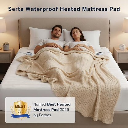 Serta Waterproof Heated Mattress Pad - Electric Bed Warmer with 10 Heat Settings, Auto Shut Off Timer, ETL Certified Electric Mattress Pad, Elastic Deep Pocket, Machine Washable, White King