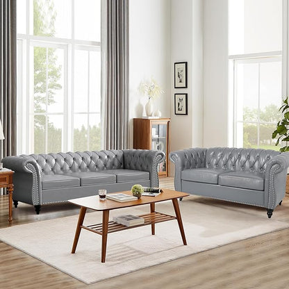 Faux Leather Sofa Couches Set, Modern Comfy Upholstered Couch with Cushions, Home Sofa Sectional Furniture Sets, 3-Piece Mid Century Tufted Chesterfield Couches for Living Room, Bedroom, Office