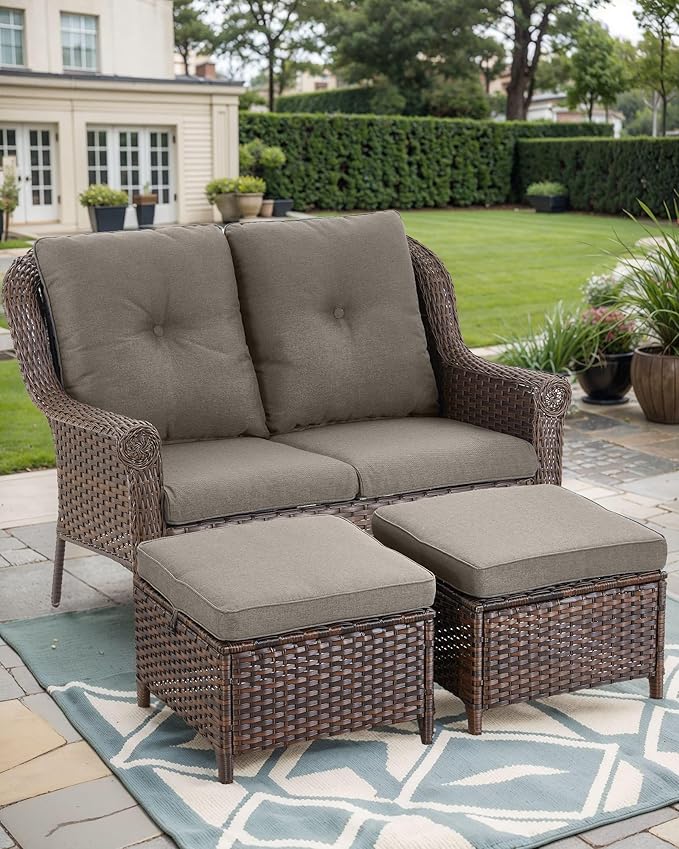 Patio Loveseat Outdoor Wicker Sofa - Heavy Duty All-Weather Brown Rattan 2-Person Sofas with High Back and Comfortable Thick Cushions for Garden Back Porch Poolside Apartment - Grey