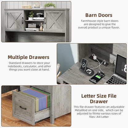 Farmhouse 67" H Executive Desk with Hutch,Office Desk with 4 Drawers and LED light, Wood Workstation for Home Office and Study, Computer Desk with Storage Cabinet,File Drawers, Charging Station.Gray