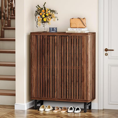 Tribesigns 6-Tier Farmhouse Shoe Cabinet with Shutter Doors, Wooden Shoe Organizer Rack with Adjustable Shelves, Modern Large Hidden Storage Furniture for Entryway, Hallway (Black&Brown)