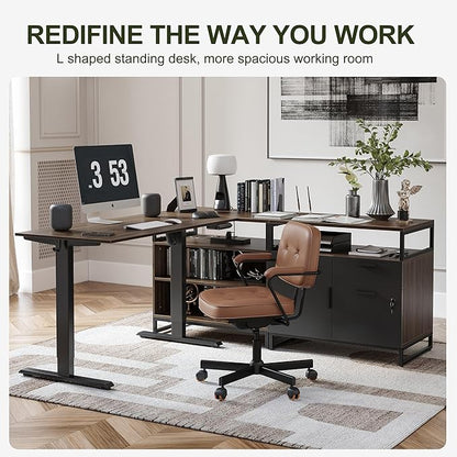 BANTI Executive L Shaped Standing Desk, 66 Inch with 2-Drawer File Cabinet, Electric Height Adjustable Stand up Desk, Home Office Computer Desk with Shelves, Black Walnut Top