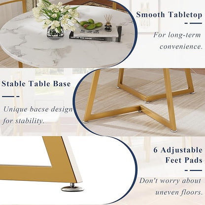 VECELO Small Round Dining Table Set for 2, Wood Tabletop with Strong Metal Frame, Modern Dinette with Chairs for Kitchen, Breakfast Nook Living Room, White & Gold