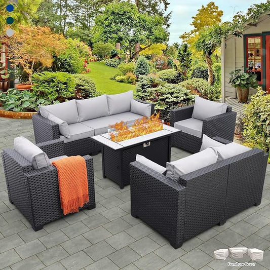 Rattaner 5 Pcs Outdoor Furniture Sets Patio Furniture Set with 45" Fire Pit Patio Couch Outdoor Chairs 60000 BTU Steel Propane Fire Pit Table No-Slip Cushions and Waterproof Covers, Light Grey
