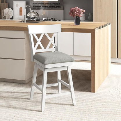 COSTWAY Bar Stool for Kitchen Island, 26" Counter Height Chair with Ergonomic Backrest, Foot Rest, Padded Seat & Solid Wood Structure, 360°Swivel Farmhouse Barstool with Back