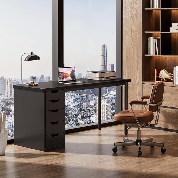 Tribesigns Modern Simple Computer Desk, 47 Inches PC Desk with 5 Reversible Drawers, Rustic Brown Study Writing Table Workstation for Home Office Small Spaces (Black)