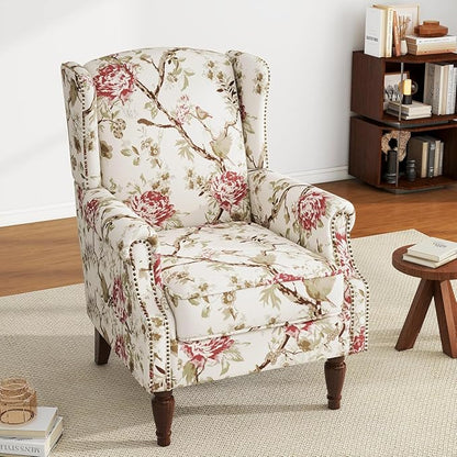 UIXE Floral Accent Chairs Set of 2, High Back Upholstered Armchair Wingback Arm Chair in Fabric for Living Room, Nailhead Trim Single Sofa Bedroom Side Reading Seat with Retro Solid Wood Legs - Beige