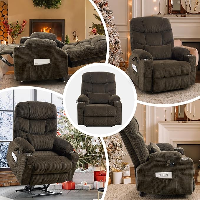 ABCASA Oversized Dual Motor Lay Flat Power Lift Recliner Chair with Massage, Heating, Lumbar Pillow, USB & Type-C Ports, Textile Lift Chairs Recliners, Large Recliner for Big & Elderly People - Brown