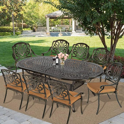 MEETWARM 9-Piece Outdoor Patio Dining Set- 8 Outdoor Dining Cushioned Chairs and 1 Oval Table with 2" Umbrella Hole, All Weather Cast Aluminum Patio Funiture Set for Backyard, Patio, Garden