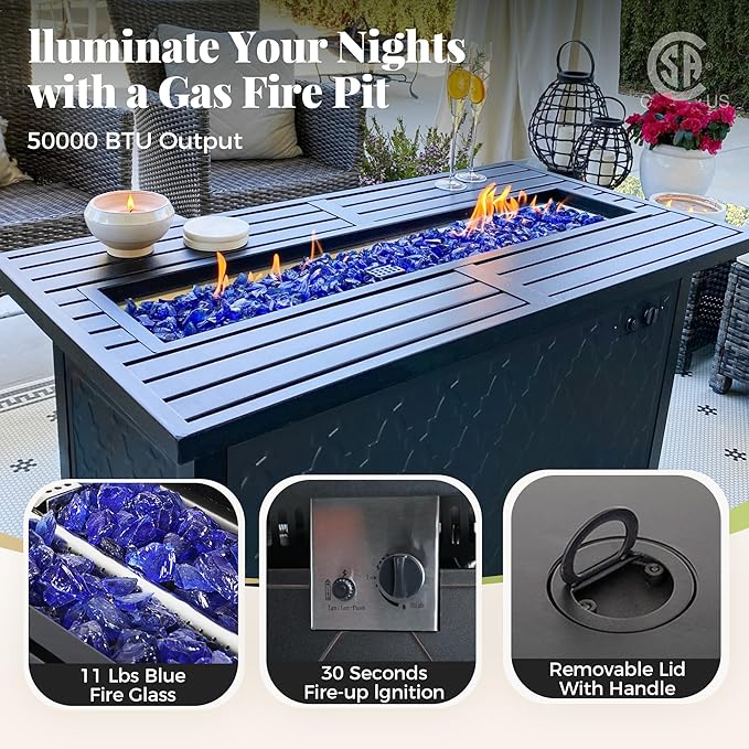 Patio Furniture Set, 6 Pcs Metal Outdoor Conversation Set, 2 Swivel Chairs, 2 Ottomans and 3 Seater Sofa with 5.75" Extra Thick Cushion and Gas Fire Pit Table, Navy Blue