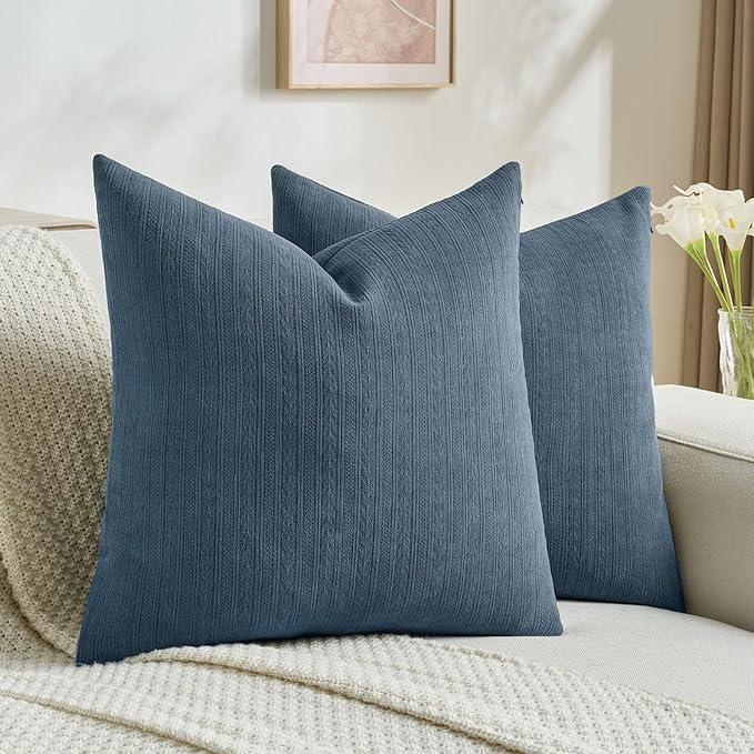 FUTEI Navy Blue Decorative Throw Pillow Covers 16x16 Inch Set of 2,Soft Cozy Wheat Ear Striped Patterns Cushion Cases,Modern Home Decor for Couch Bed Living Room