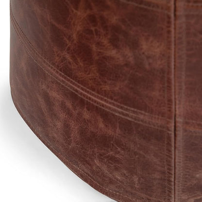 SIMPLIHOME Connor Round Pouf - 18 inch Wide Upholstered Genuine Leather Ottoman in Distressed Brown, Boho Footstool or Extra Seating for Living Room or Bedroom with Polystyrene Filling, Assembled