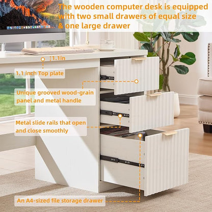 48" Modern Fluted Executive Desk with Storage Cabinet, White Wood Home Office Desk with File Drawer & Metal Handles, Large Computer Writing Table for Office,Study, Living Room, Bedroom