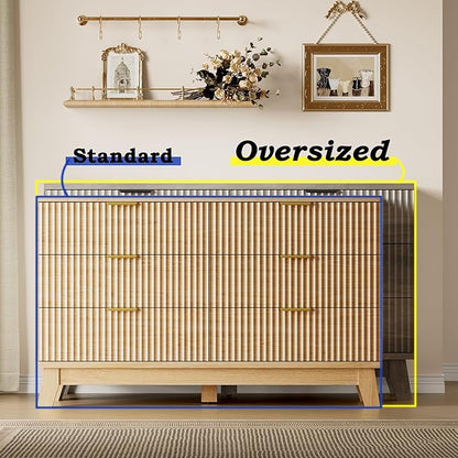 Fluted 6 Drawer Dresser, 47.2" Wide Modern Boho Chest of Drawers, Wooden Storage Dresser TV Stand for Bedroom, Living Room, Closet, Hallway, Curved Profile Design