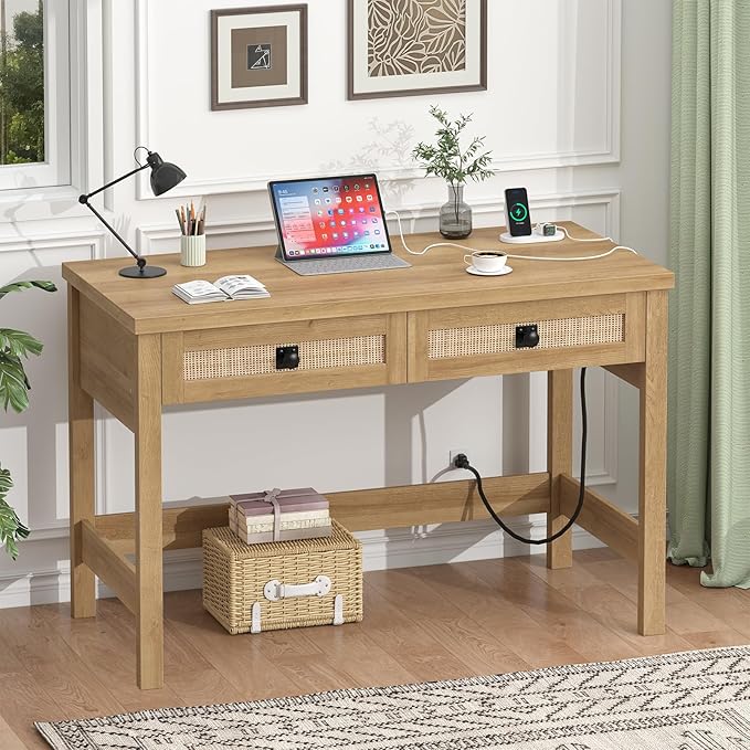 Rattan Computer Desk with 2 Drawers, 39 Inch Small Desk with Power Outlets, Farmhouse Boho Vanity Desks, Compact Writing Study Table for Small Spaces, Oak