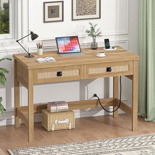 Rattan Computer Desk with 2 Drawers, 39 Inch Small Desk with Power Outlets, Farmhouse Boho Vanity Desks, Compact Writing Study Table for Small Spaces, Oak