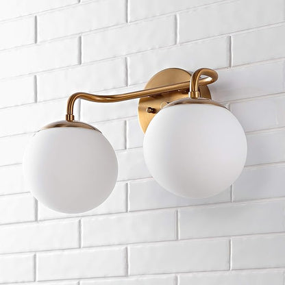 JONATHAN Y JYL3535A Louis Parisian Globe 15" 2-Light Metal/Frosted Glass Modern Contemporary LED Vanity Midcentury Glam 2700K LED 4W Bulbs Entryway Lobby Kitchen Bathroom Bedroom Hallway, Brass Gold
