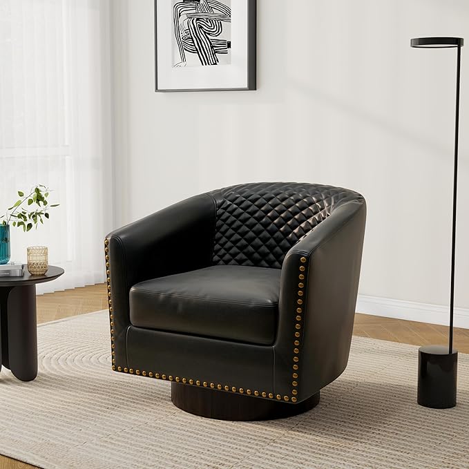 Pia Ricco Faux Leather Swivel Barrel Accent Chairs Set of 2, 360° Swivel Round Single Sofa Chair, Comfy Upholstered Club Armchair with Nailhead Trim for Living Room/Reading Room/Bedroom, Black